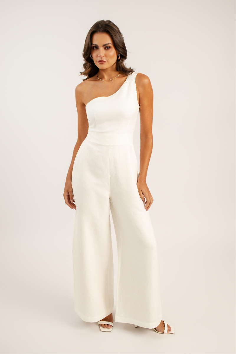 Macacão de Um Ombro Só de Linho Noto Off White