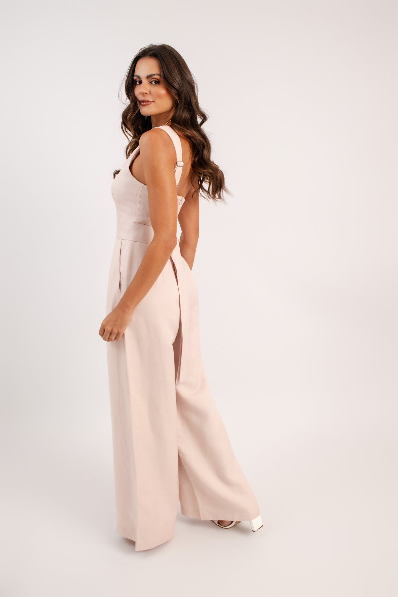 Macacão de Um Ombro Só de Linho Noto Rosa Tutti Frutti