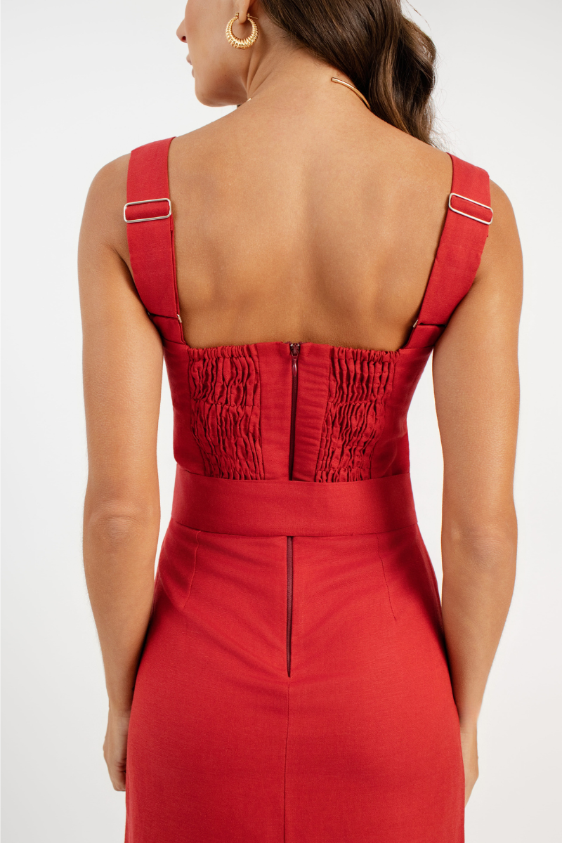 Vestido Midi de Linho Palermo Vermelho Fragola