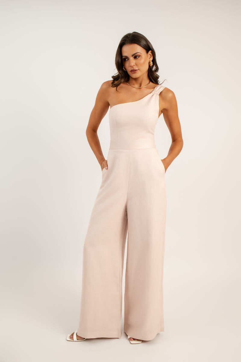 Macacão de Um Ombro Só de Linho Noto Rosa Tutti Frutti