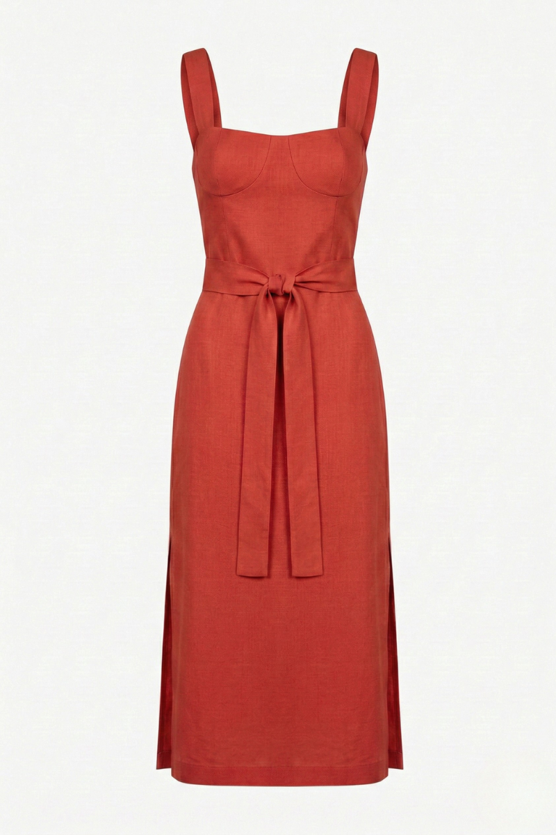 Vestido Midi de Linho Palermo Vermelho Fragola