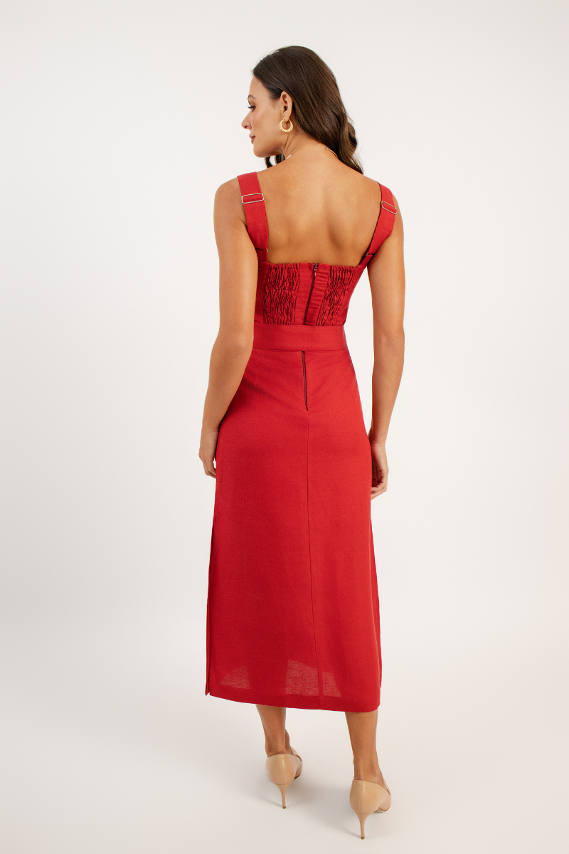 Vestido Midi de Linho Palermo Vermelho Fragola