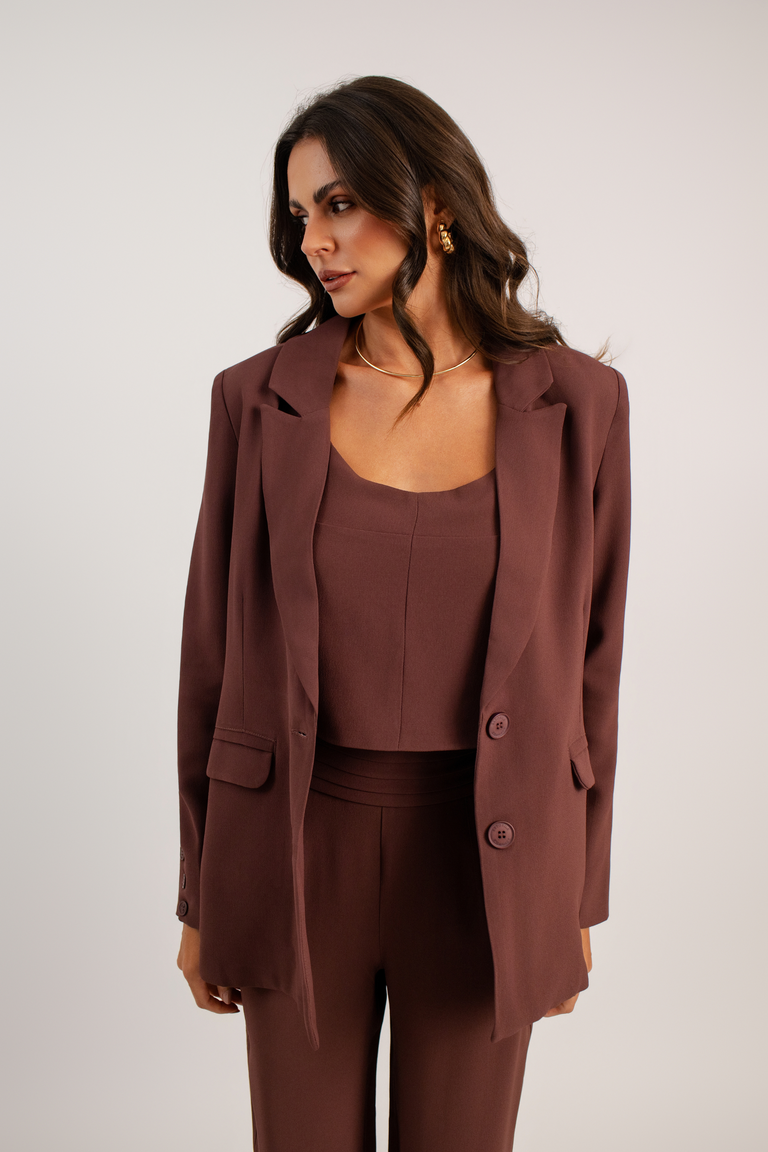 Blazer Longo de Alfaiataria Volterra - Marrom Capuccino