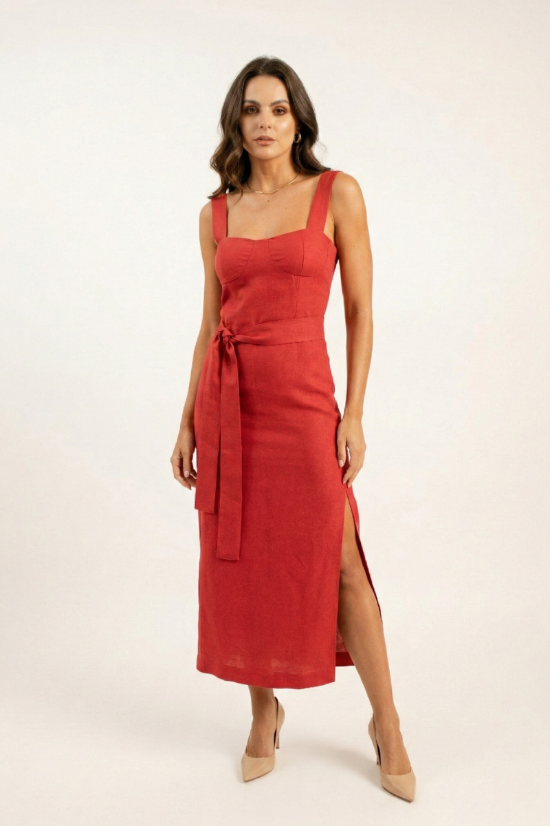 Vestido Midi de Linho Palermo Vermelho Fragola