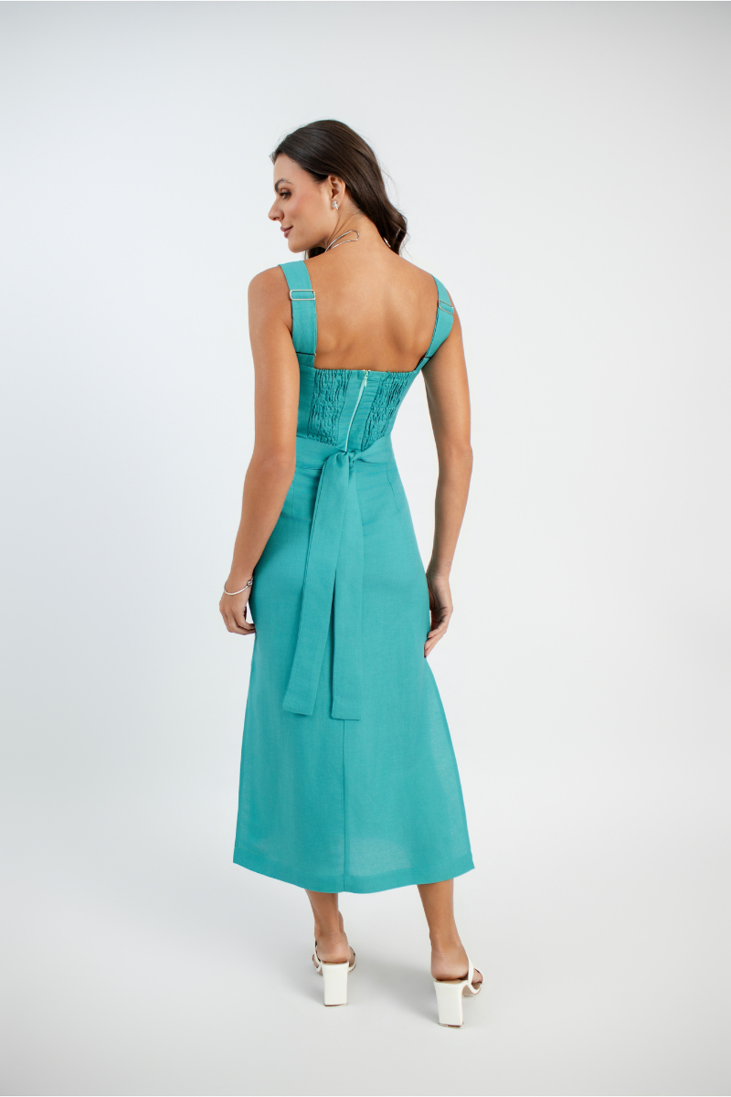 Vestido Midi de Linho Palermo Verde Acqua