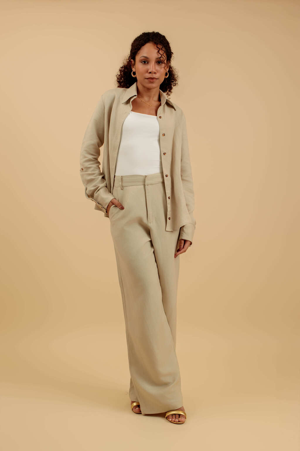 Calça Pantalona de Linho Viareggio - Biscotto