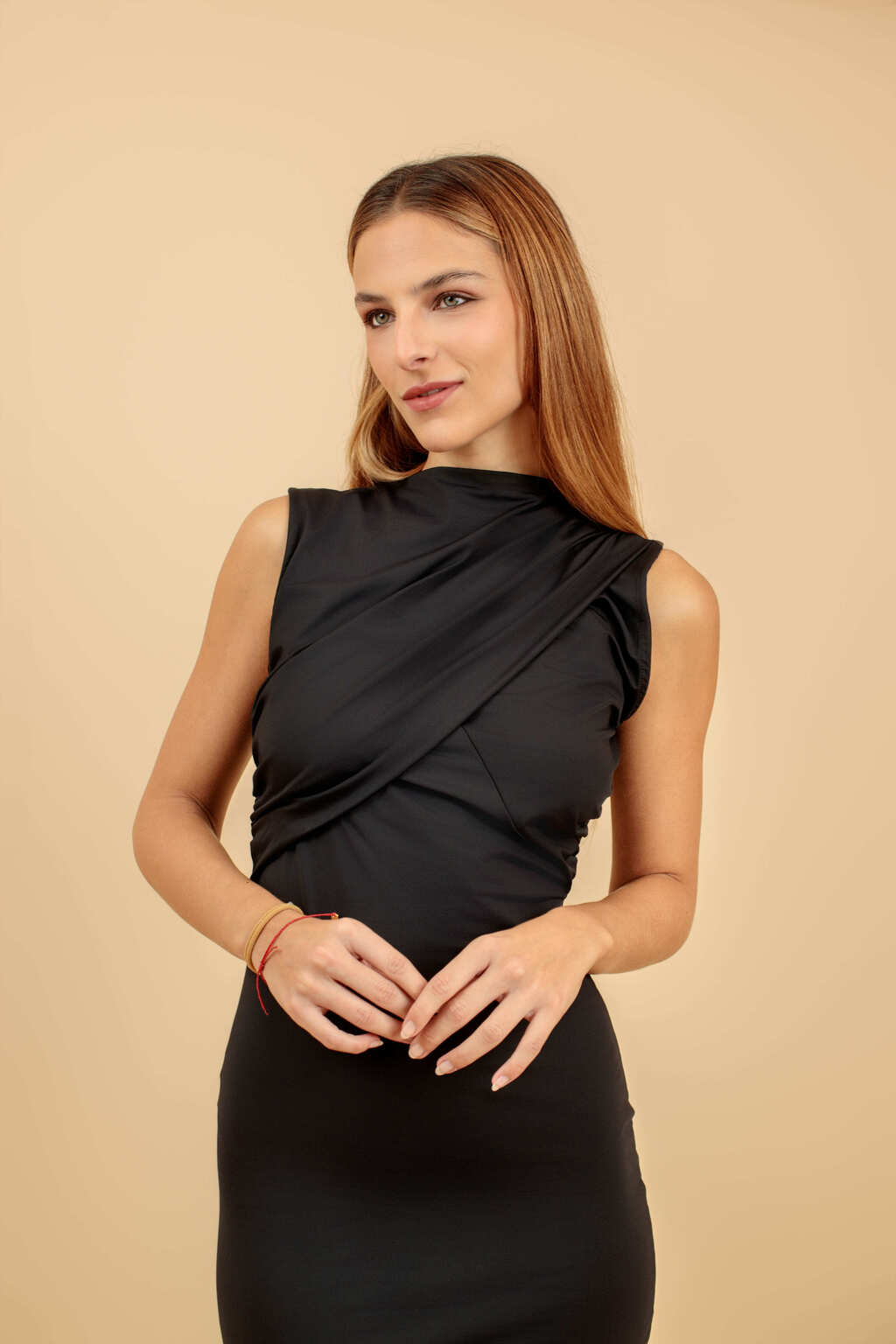 Vestido Midi Drapeado de Poliamida Montalcino - Preto